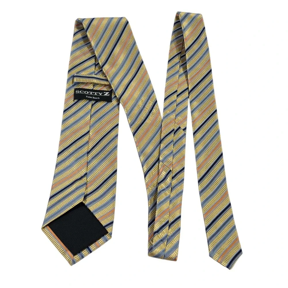SCOTTY Z Palm Beach Silk Mens Yellow Blue Striped Necktie XL Hand Made Luxury‎